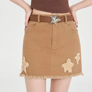 VILZSTUDIOS Aesthetic mini skirt with star patches and frayed hem