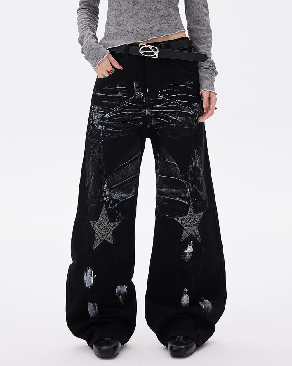 VILZSTUDIOS Wide leg jeans with distressed paint and star design