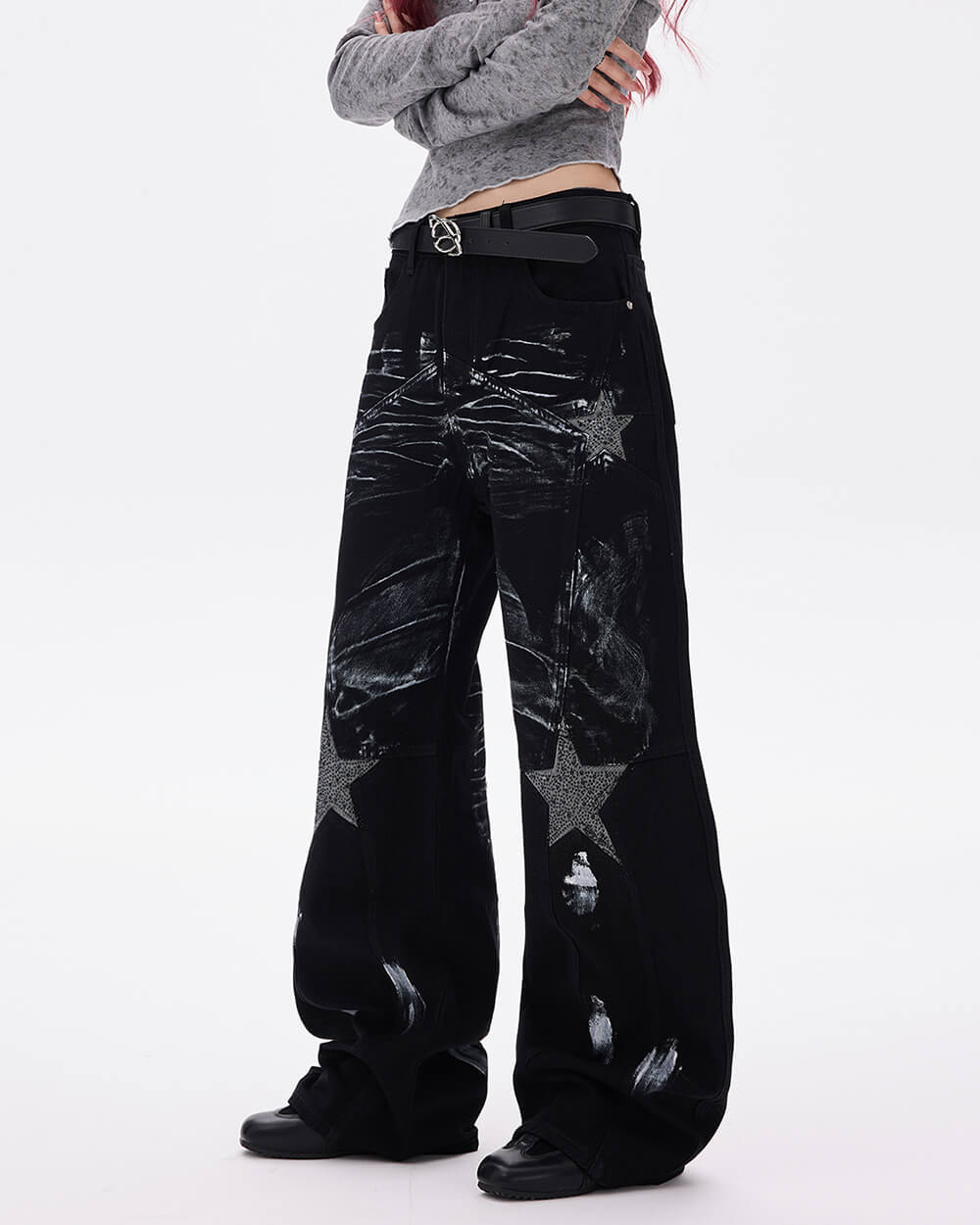 VILZSTUDIOS Wide leg jeans with distressed paint and star design