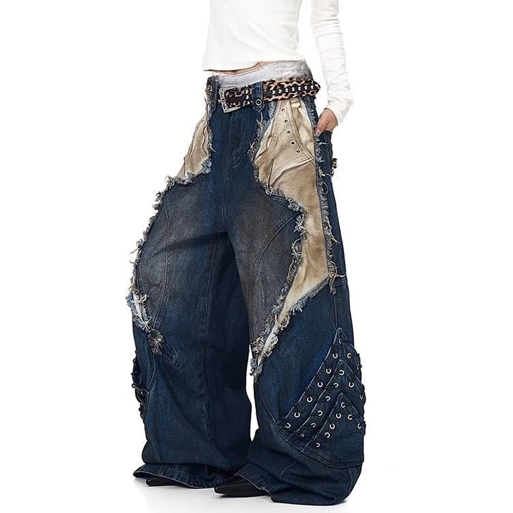 VILZSTUDIOS Wide-leg denim jeans with distressed texture and eyelet details
