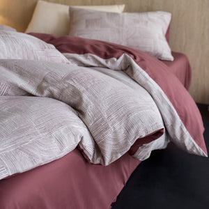 VILZSTUDIOS muted rose, cream and taupe duvet cover sets with geometric arches, botanical sprigs, fan motifs and painterly stripes