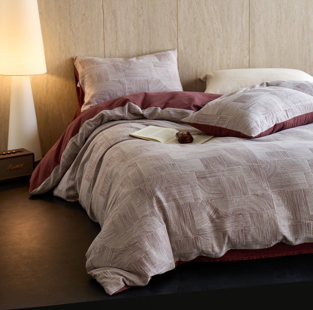 VILZSTUDIOS muted rose, cream and taupe duvet cover sets with geometric arches, botanical sprigs, fan motifs and painterly stripes