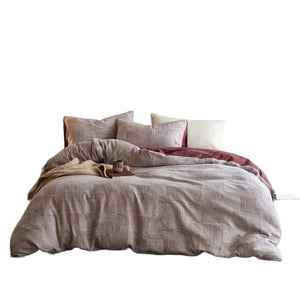 VILZSTUDIOS muted rose, cream and taupe duvet cover sets with geometric arches, botanical sprigs, fan motifs and painterly stripes