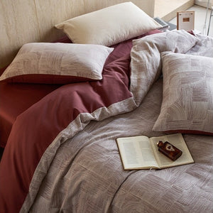 VILZSTUDIOS muted rose, cream and taupe duvet cover sets with geometric arches, botanical sprigs, fan motifs and painterly stripes