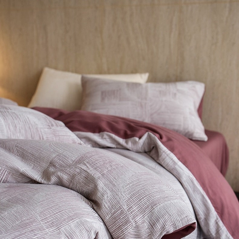VILZSTUDIOS muted rose, cream and taupe duvet cover sets with geometric arches, botanical sprigs, fan motifs and painterly stripes