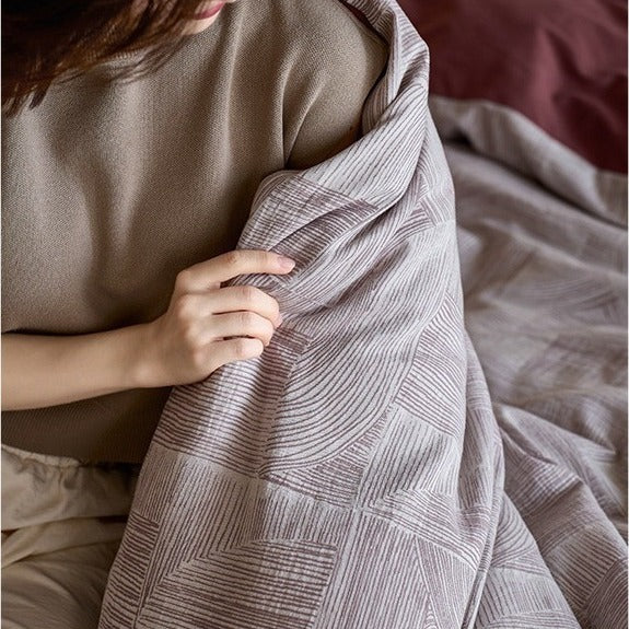 VILZSTUDIOS muted rose, cream and taupe duvet cover sets with geometric arches, botanical sprigs, fan motifs and painterly stripes