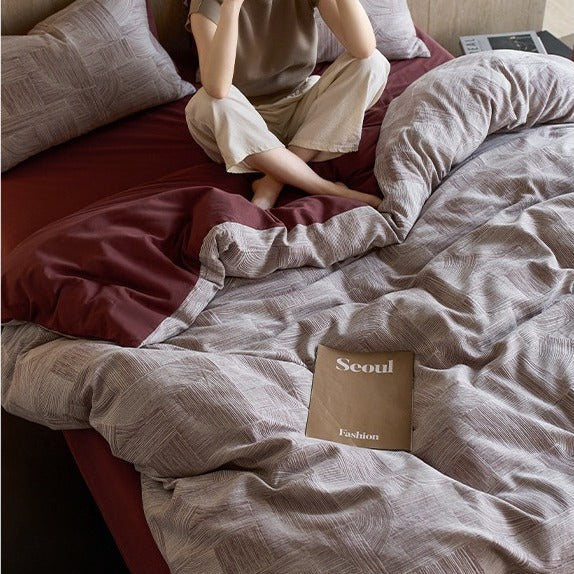 VILZSTUDIOS muted rose, cream and taupe duvet cover sets with geometric arches, botanical sprigs, fan motifs and painterly stripes