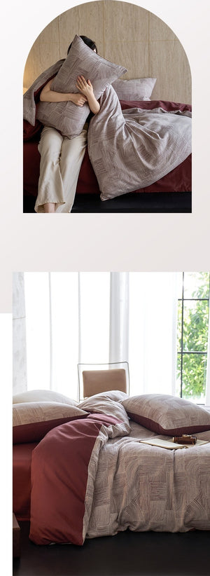 VILZSTUDIOS muted rose, cream and taupe duvet cover sets with geometric arches, botanical sprigs, fan motifs and painterly stripes