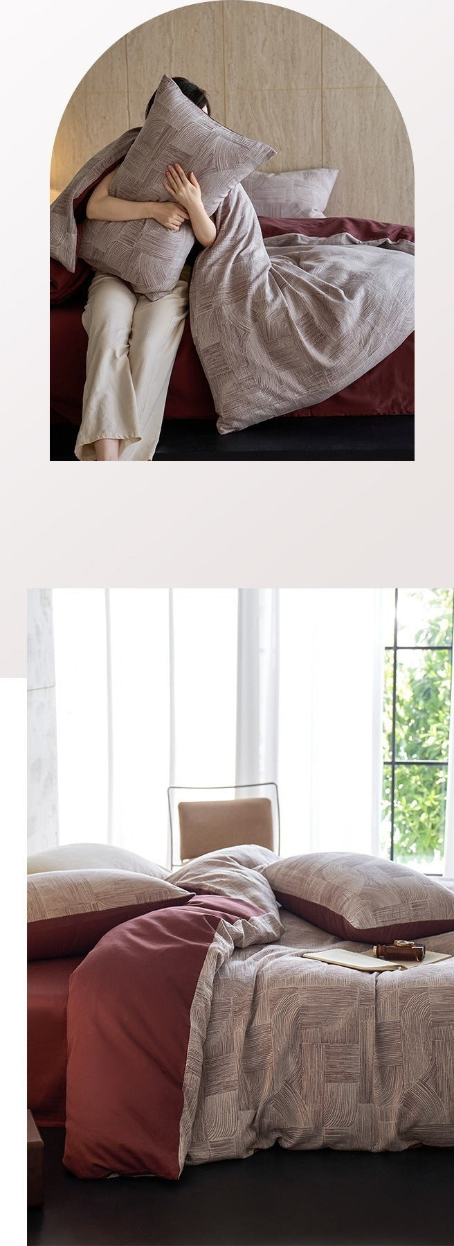 VILZSTUDIOS muted rose, cream and taupe duvet cover sets with geometric arches, botanical sprigs, fan motifs and painterly stripes