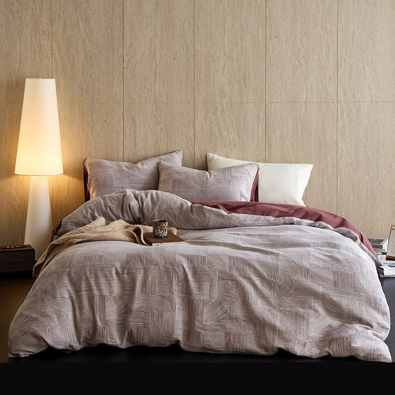 VILZSTUDIOS muted rose, cream and taupe duvet cover sets with geometric arches, botanical sprigs, fan motifs and painterly stripes