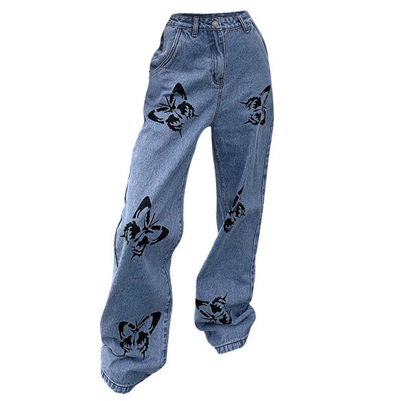 VILZSTUDIOS Fashionable butterfly graphic denim jeans for streetwear style