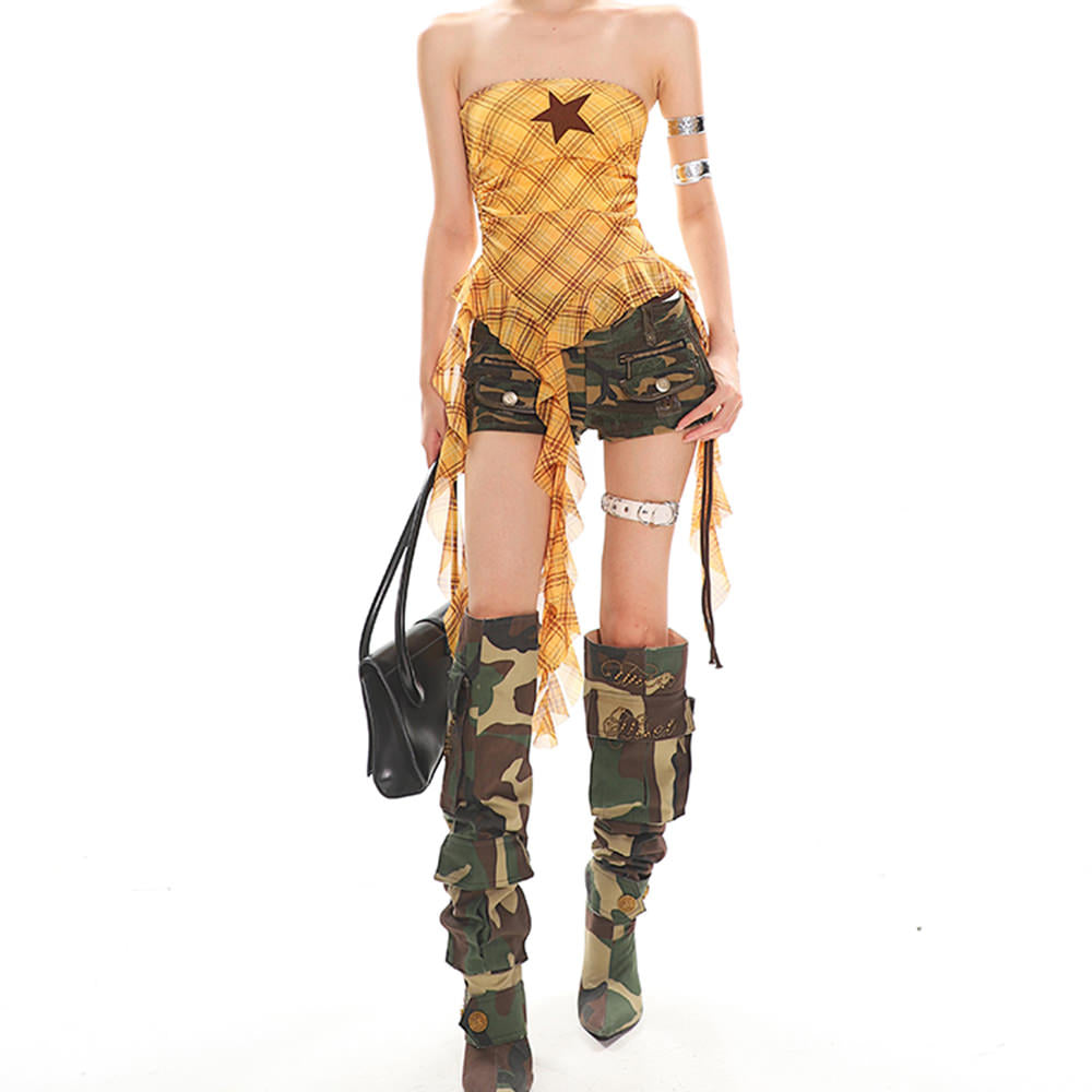 VILZSTUDIOS asymmetrical plaid tube top with star patch