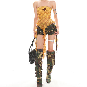 VILZSTUDIOS asymmetrical plaid tube top with star patch