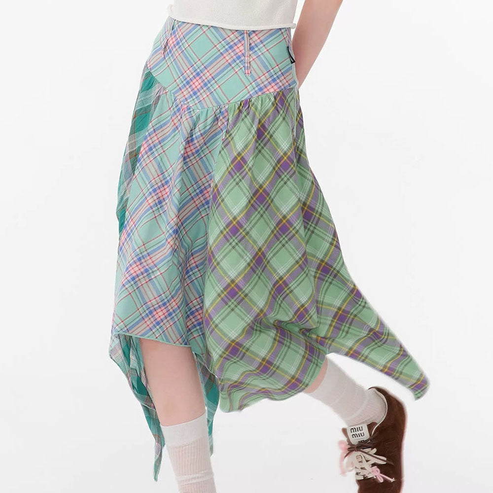 VILZSTUDIOS Asymmetrical plaid midi skirt with cascading hem design