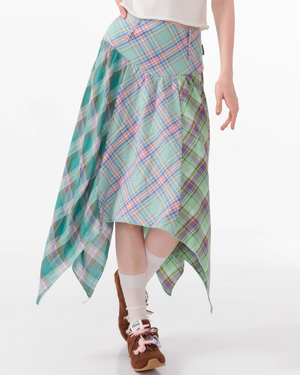 VILZSTUDIOS Asymmetrical plaid midi skirt with cascading hem design