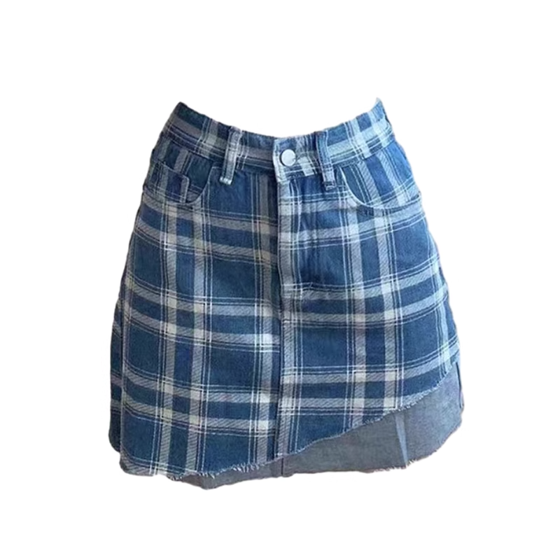VILZSTUDIOS Asymmetrical plaid denim skirt