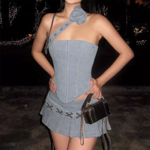 VILZSTUDIOS Stylish Y2K asymmetrical top and mini skirt co-ord set