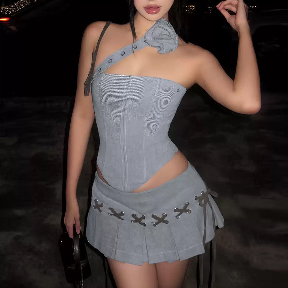 VILZSTUDIOS Stylish Y2K asymmetrical top and mini skirt co-ord set