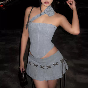 VILZSTUDIOS Stylish Y2K asymmetrical top and mini skirt co-ord set
