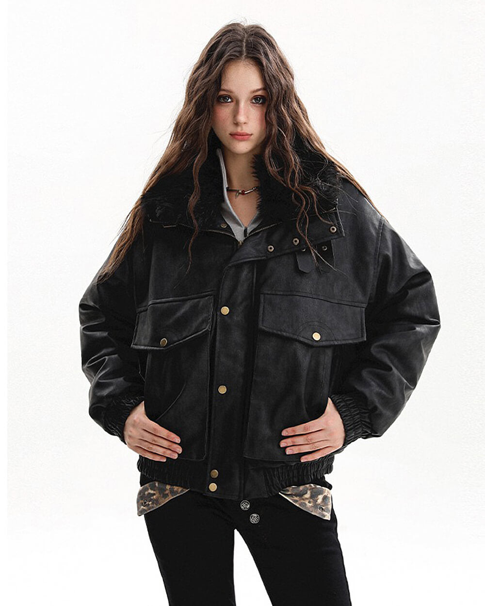 VILZSTUDIOS Stylish aviator jacket with faux fur collar and pockets