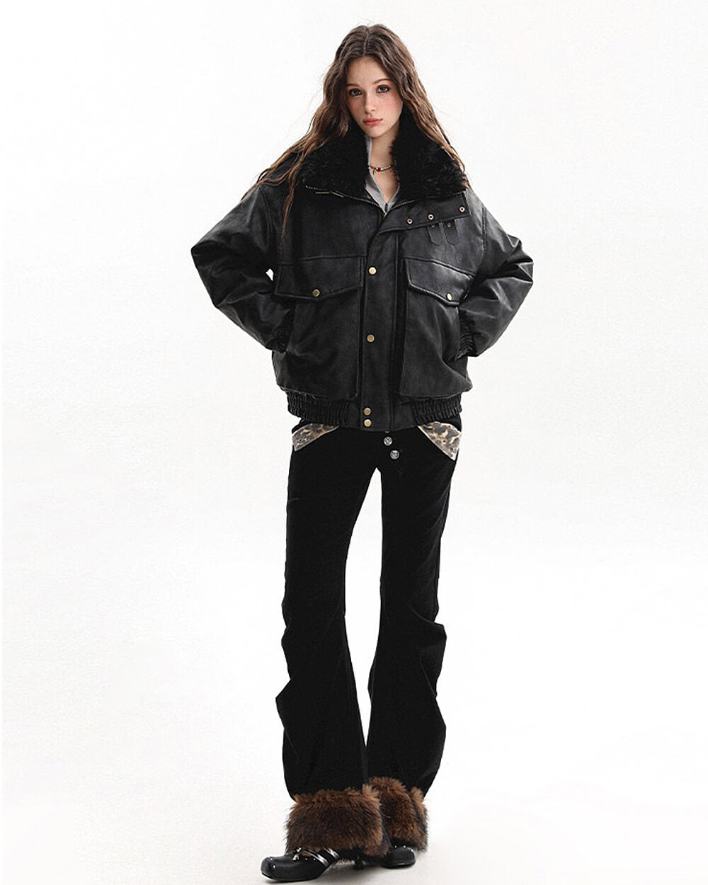 VILZSTUDIOS Stylish aviator jacket with faux fur collar and pockets