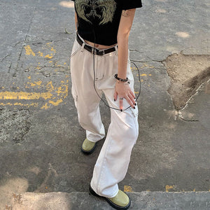 VILZSTUDIOS White denim baggy cargo jeans by VILZSTUDIOS