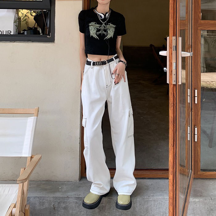 VILZSTUDIOS White denim baggy cargo jeans by VILZSTUDIOS