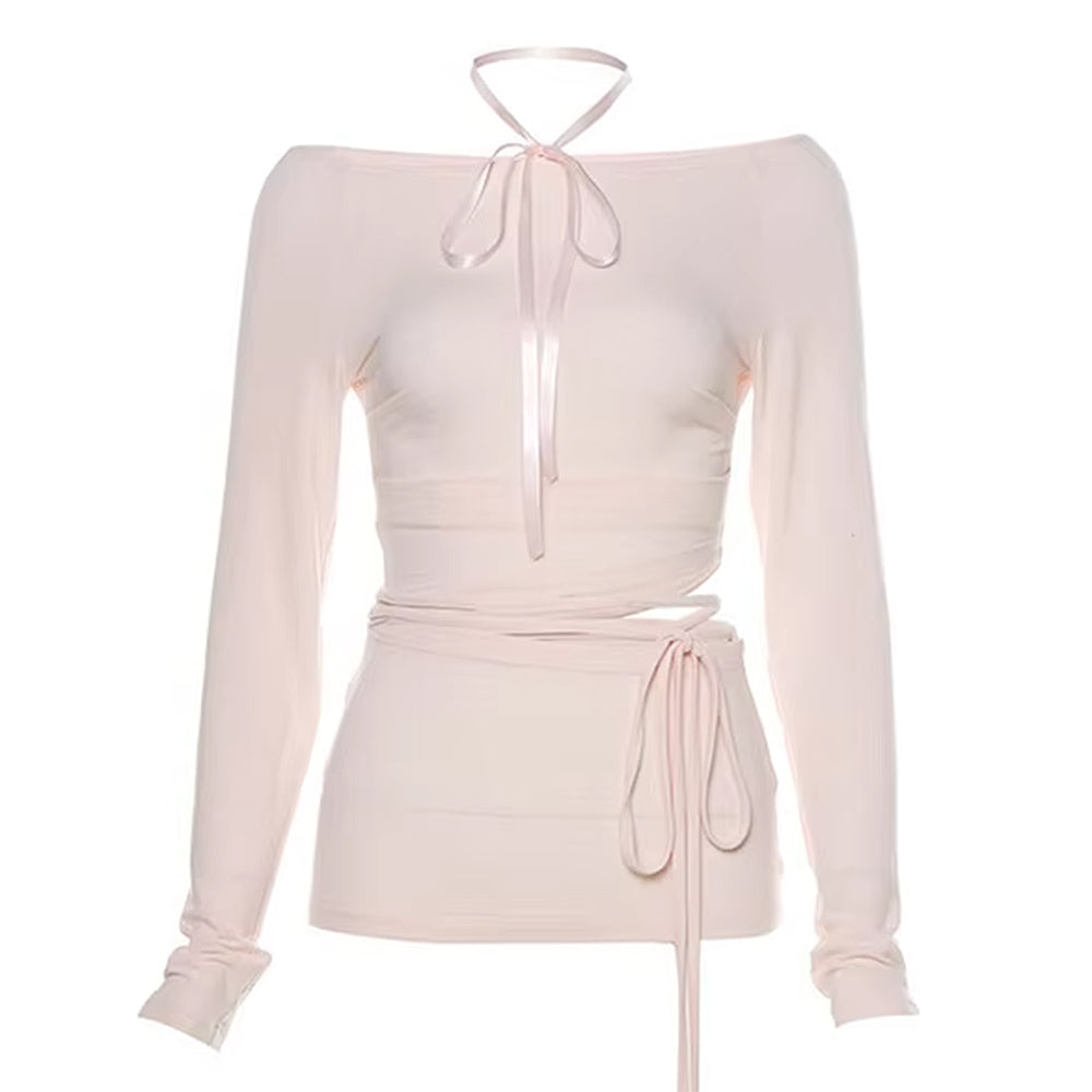 VILZSTUDIOS Elegant long sleeve top with ribbon tie accents