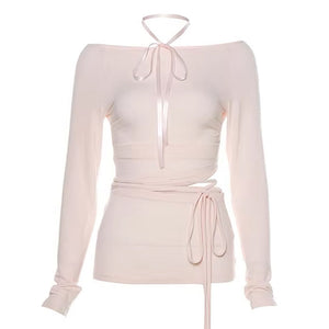 VILZSTUDIOS Elegant long sleeve top with ribbon tie accents