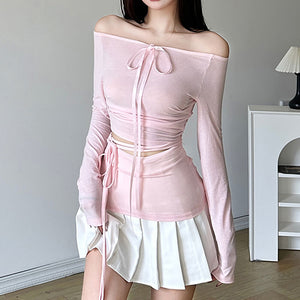 VILZSTUDIOS Elegant long sleeve top with ribbon tie accents