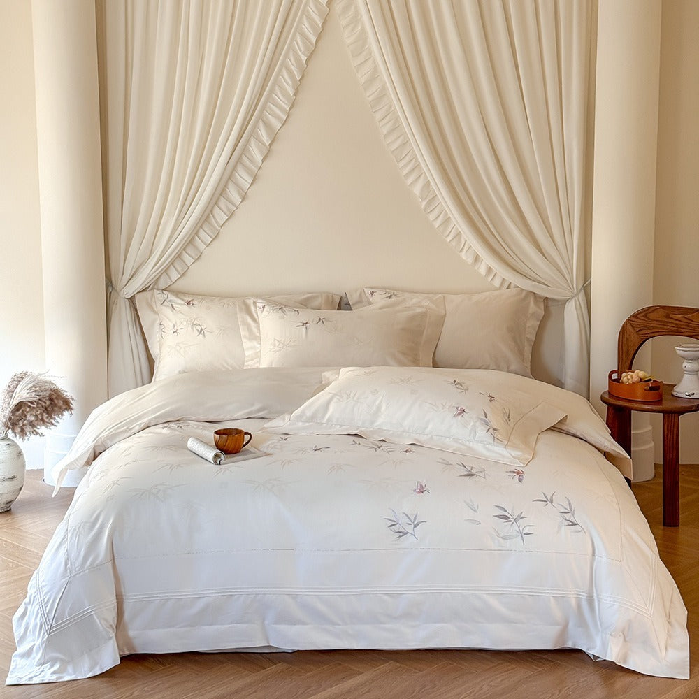 VILZSTUDIOS cream or pale gray bamboo and butterfly embroidered satin bedding set with flanged borders