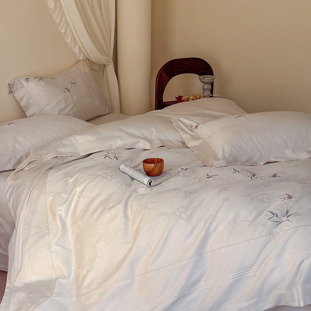 VILZSTUDIOS cream or pale gray bamboo and butterfly embroidered satin bedding set with flanged borders