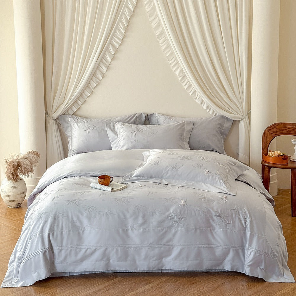 VILZSTUDIOS cream or pale gray bamboo and butterfly embroidered satin bedding set with flanged borders