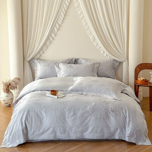 VILZSTUDIOS cream or pale gray bamboo and butterfly embroidered satin bedding set with flanged borders