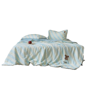 VILZSTUDIOS mint-blue and cream diagonal stripe summer quilt with brown cartoon bears and dark contrast piping