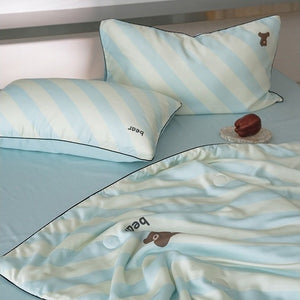VILZSTUDIOS mint-blue and cream diagonal stripe summer quilt with brown cartoon bears and dark contrast piping