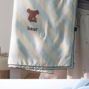 VILZSTUDIOS mint-blue and cream diagonal stripe summer quilt with brown cartoon bears and dark contrast piping