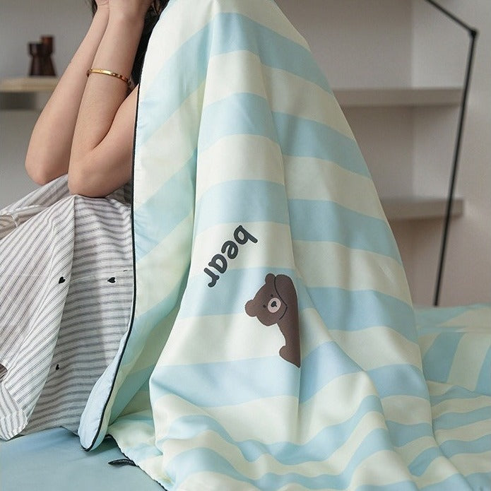 VILZSTUDIOS mint-blue and cream diagonal stripe summer quilt with brown cartoon bears and dark contrast piping