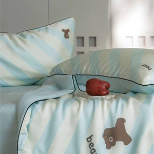 VILZSTUDIOS mint-blue and cream diagonal stripe summer quilt with brown cartoon bears and dark contrast piping