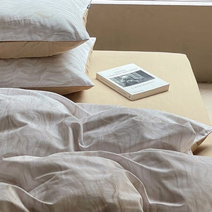 VILZSTUDIOS pale beige wave print bedding set with solid camel-tan reverse