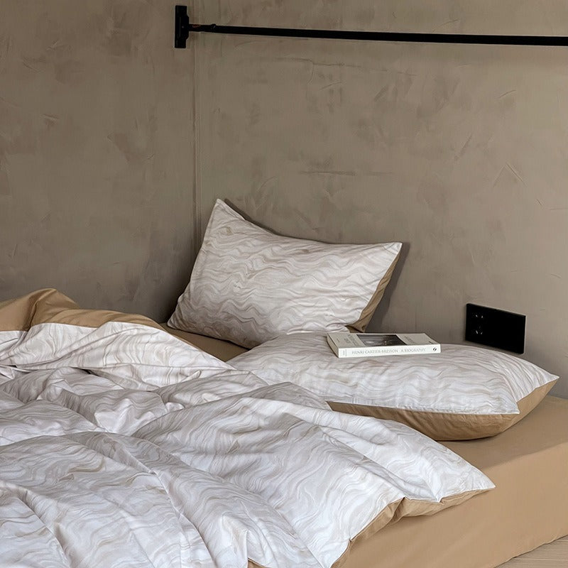VILZSTUDIOS pale beige wave print bedding set with solid camel-tan reverse