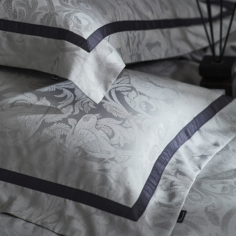 VILZSTUDIOS steel grey bird and botanical damask duvet cover set with charcoal flange borders