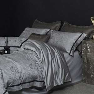 VILZSTUDIOS steel grey bird and botanical damask duvet cover set with charcoal flange borders