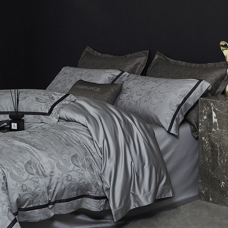 VILZSTUDIOS steel grey bird and botanical damask duvet cover set with charcoal flange borders