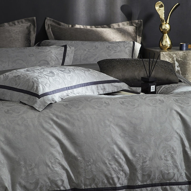 VILZSTUDIOS steel grey bird and botanical damask duvet cover set with charcoal flange borders