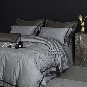 VILZSTUDIOS steel grey bird and botanical damask duvet cover set with charcoal flange borders