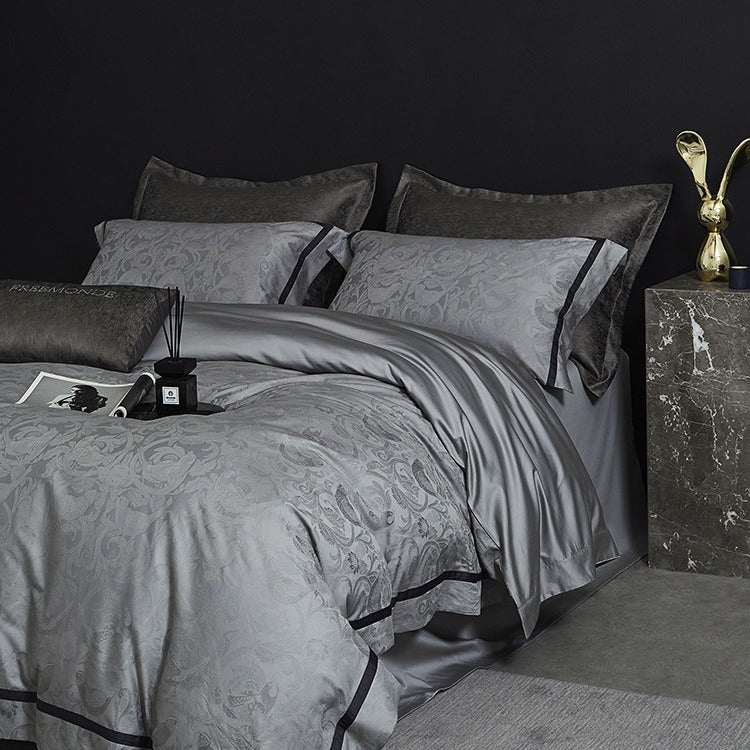 VILZSTUDIOS steel grey bird and botanical damask duvet cover set with charcoal flange borders