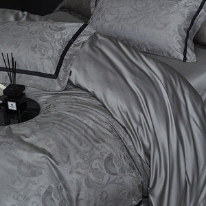 VILZSTUDIOS steel grey bird and botanical damask duvet cover set with charcoal flange borders