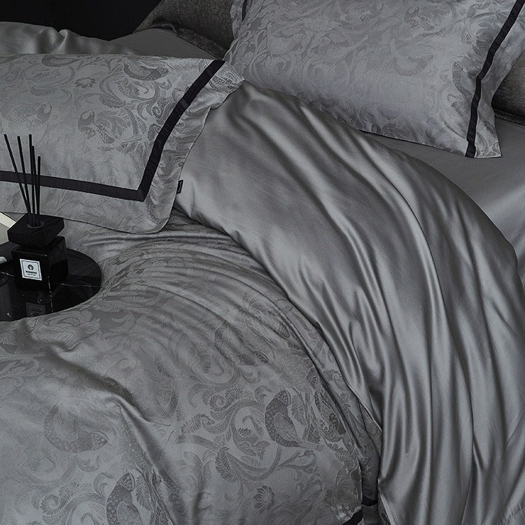 VILZSTUDIOS steel grey bird and botanical damask duvet cover set with charcoal flange borders
