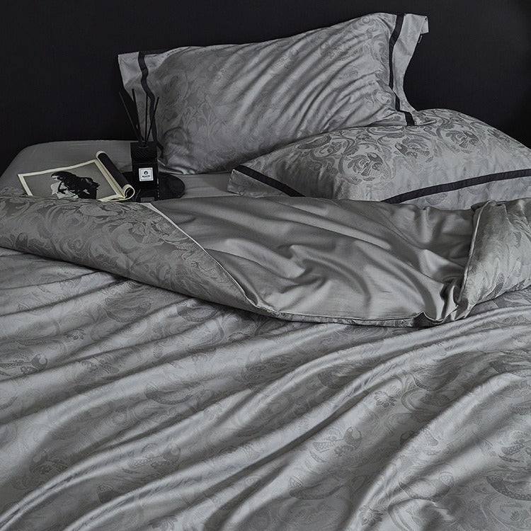 VILZSTUDIOS steel grey bird and botanical damask duvet cover set with charcoal flange borders